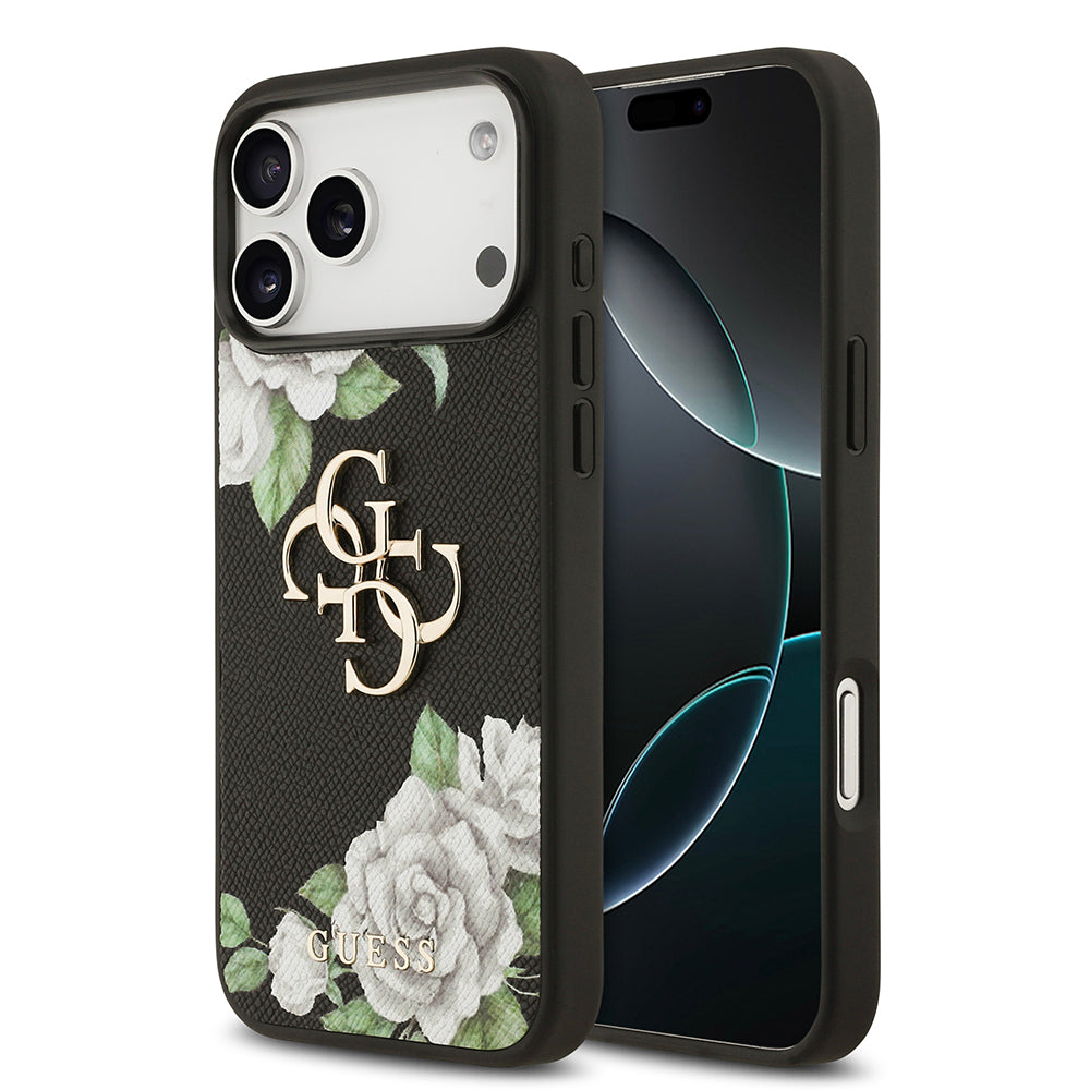 Apple iPhone 17 Pro Max Kılıf Guess Orjinal Lisanslı Gül Baskılı Büyük Metal Logo Dizaynlı Kapak Siyah