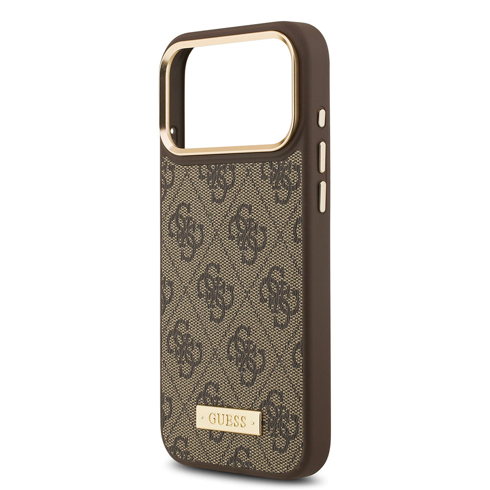 Apple iPhone 17 Pro Max Kılıf Guess Orjinal Lisanslı M-safe Şarj Özellikli 4G Desenli PU Metal Plaka Klasik Logolu Kapak Siyah