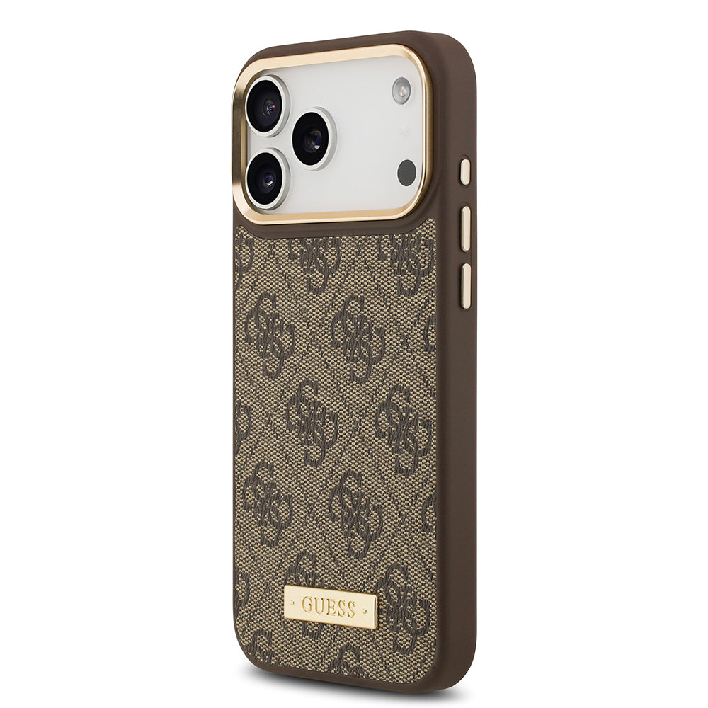 Apple iPhone 17 Pro Max Kılıf Guess Orjinal Lisanslı M-safe Şarj Özellikli 4G Desenli PU Metal Plaka Klasik Logolu Kapak Siyah