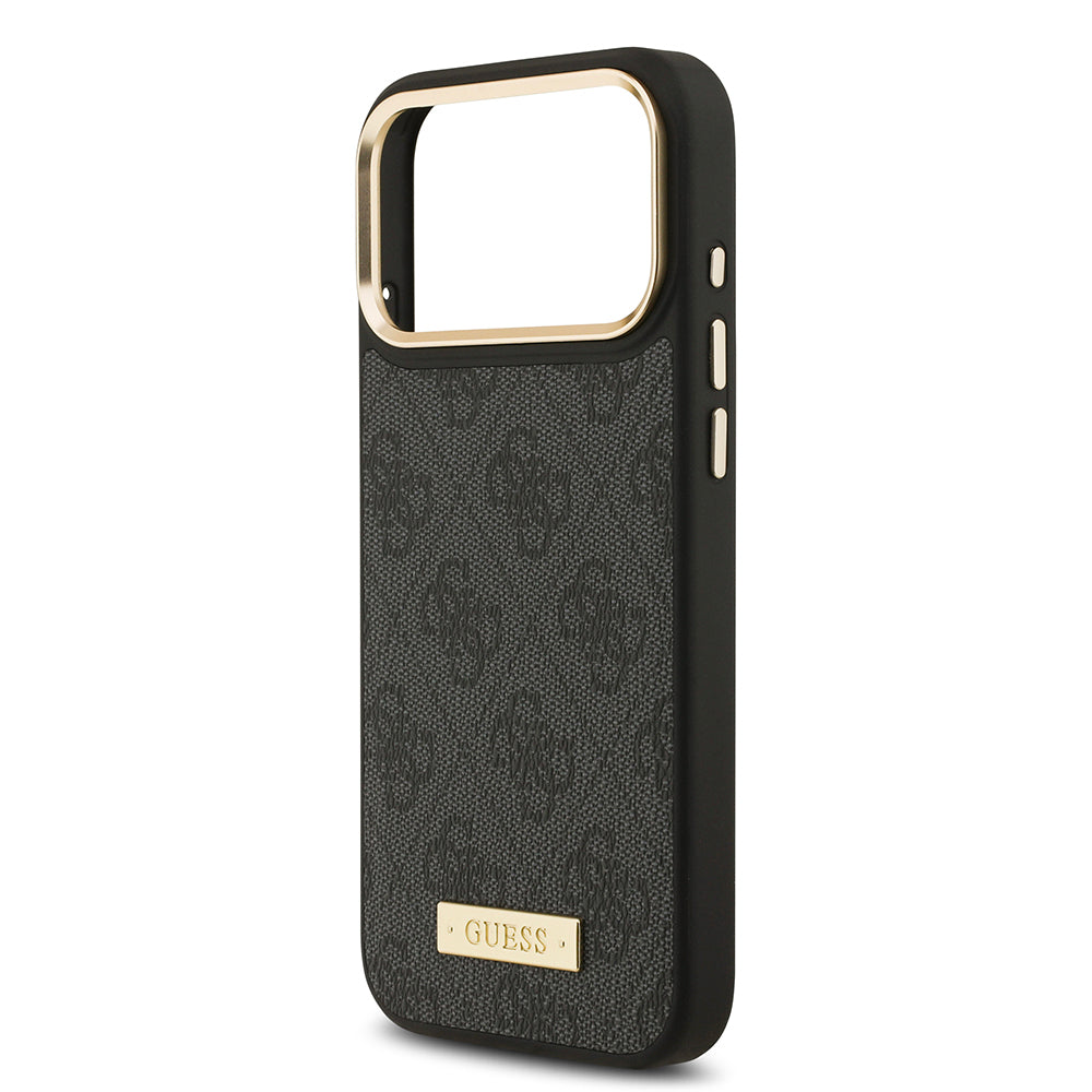 Apple iPhone 17 Pro Max Kılıf Guess Orjinal Lisanslı M-safe Şarj Özellikli 4G Desenli PU Metal Plaka Klasik Logolu Kapak Pembe