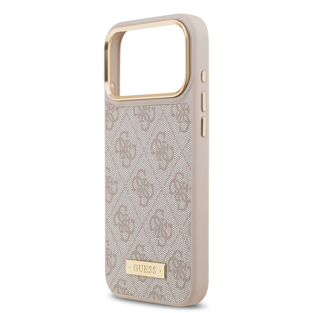 Apple iPhone 17 Pro Max Kılıf Guess Orjinal Lisanslı M-safe Şarj Özellikli 4G Desenli PU Metal Plaka Klasik Logolu Kapak Siyah