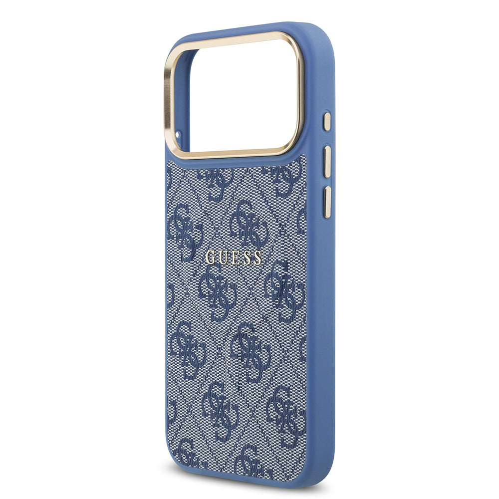 Apple iPhone 17 Pro Max Kılıf Guess Orjinal Lisanslı M-safe Şarj Özellikli Gold Metal Kamera Çerçeveli PU Deri 4G Desenli Yazı Logolu Kapak Pembe