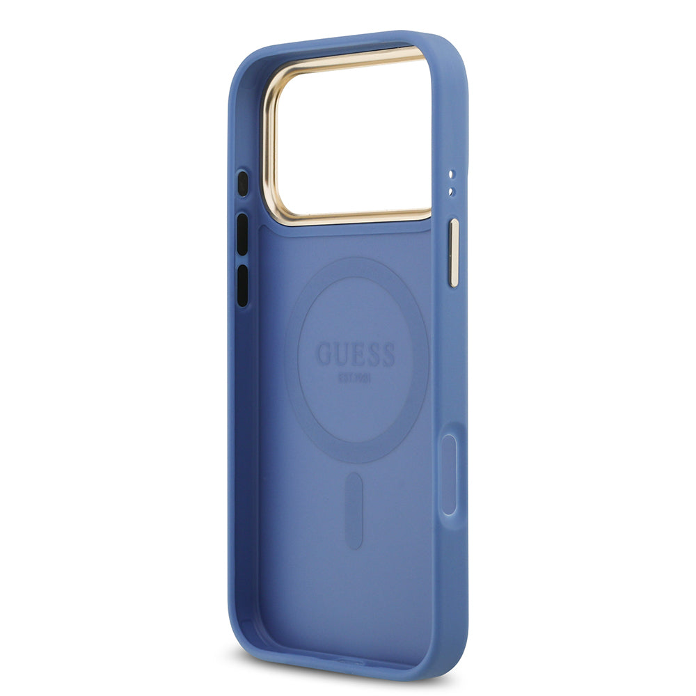 Apple iPhone 17 Pro Max Kılıf Guess Orjinal Lisanslı M-safe Şarj Özellikli Gold Metal Kamera Çerçeveli PU Deri 4G Desenli Yazı Logolu Kapak Siyah