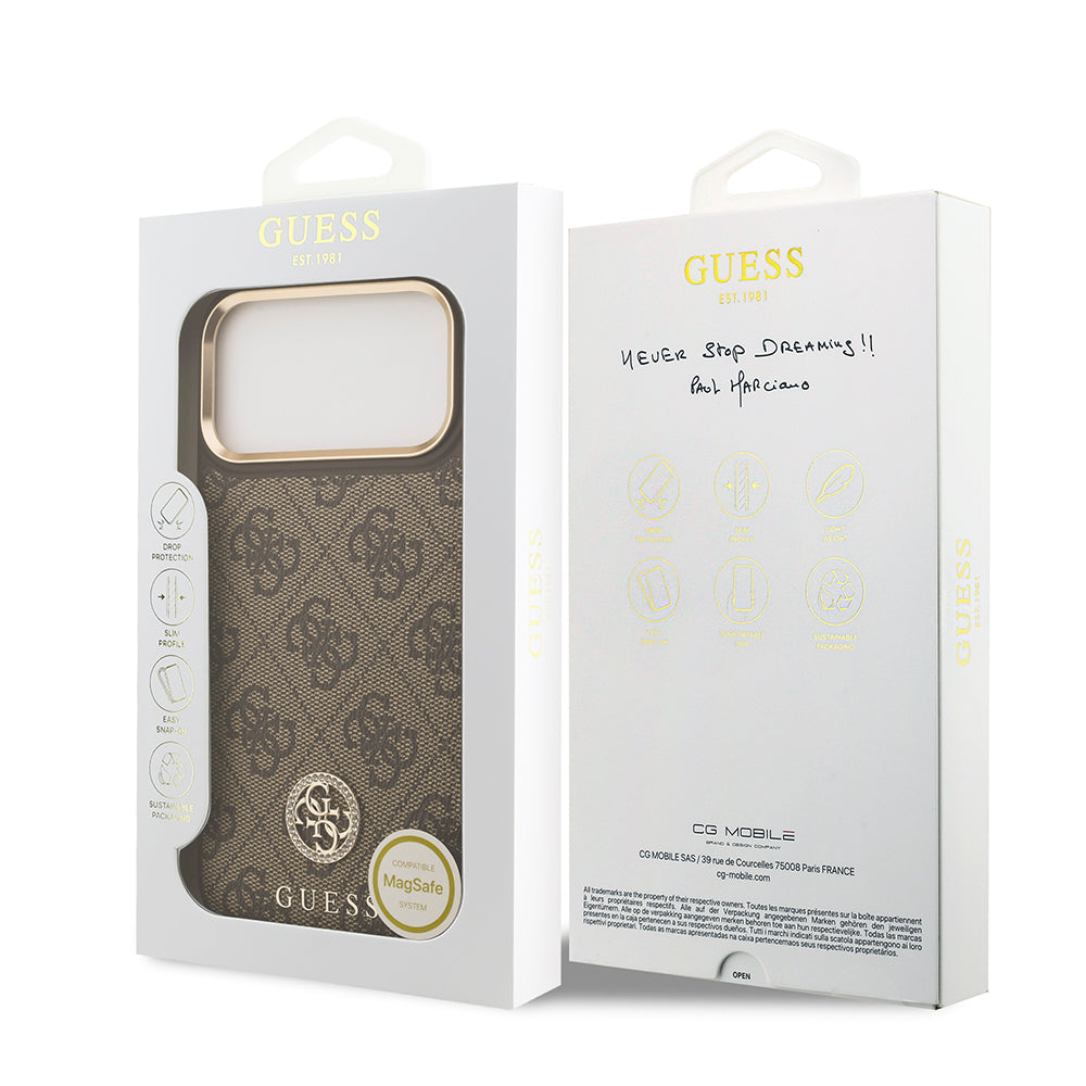 Apple iPhone 17 Pro Max Kılıf Guess Orjinal Lisanslı M-safe Şarj Özellikli Gold Metal Kamera Çerçeveli Taşlı 4G Logolu Kapak Kahverengi