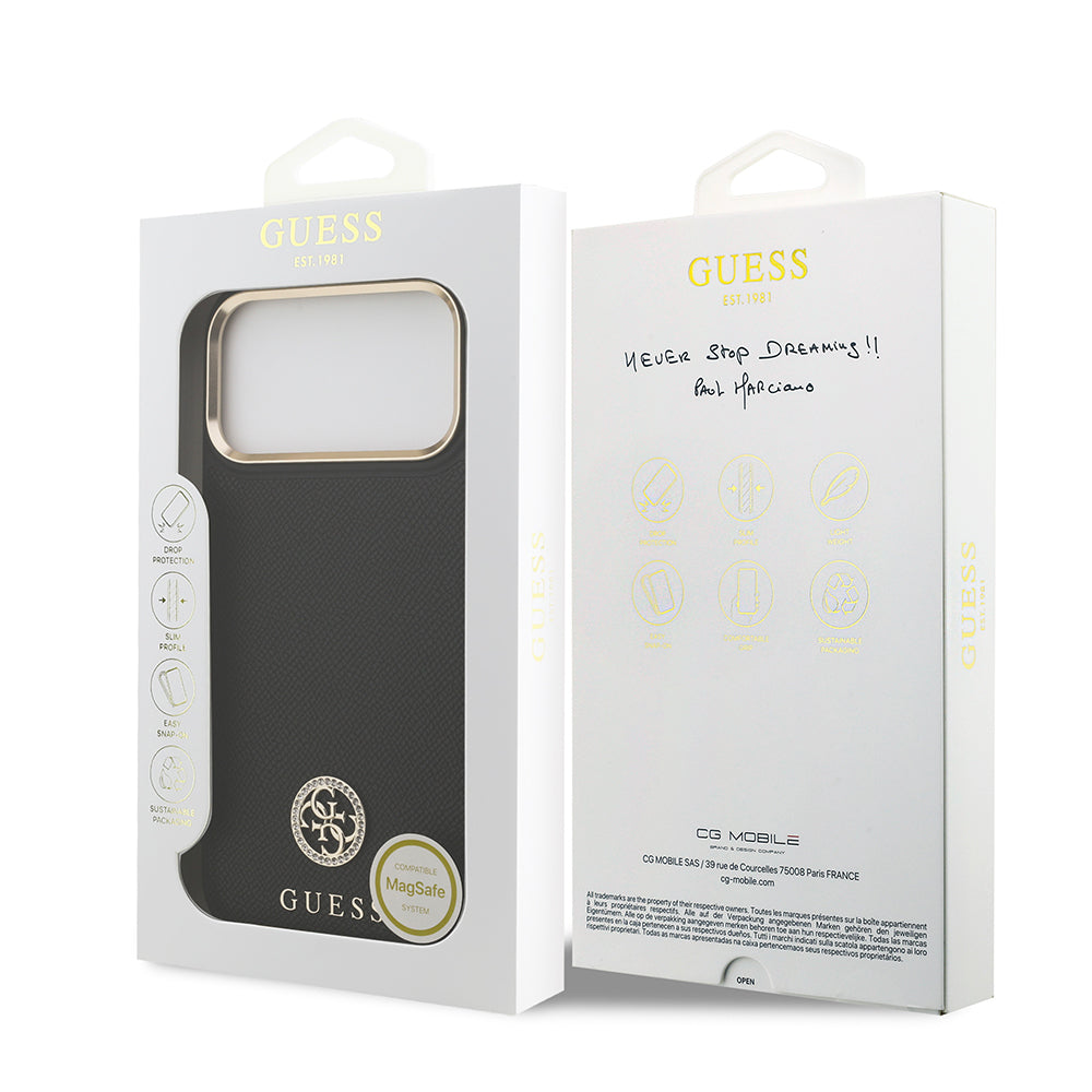 Apple iPhone 17 Pro Max Kılıf Guess Orjinal Lisanslı M-safe Şarj Özellikli Grained Yazı ve Taşlı 4G Logolu Kapak Siyah