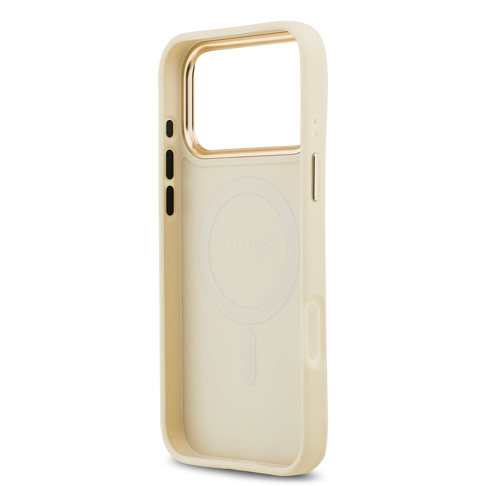 Apple iPhone 17 Pro Max Kılıf Guess Orjinal Lisanslı M-safe Şarj Özellikli Grained Yazı ve Taşlı 4G Logolu Kapak Kahverengi