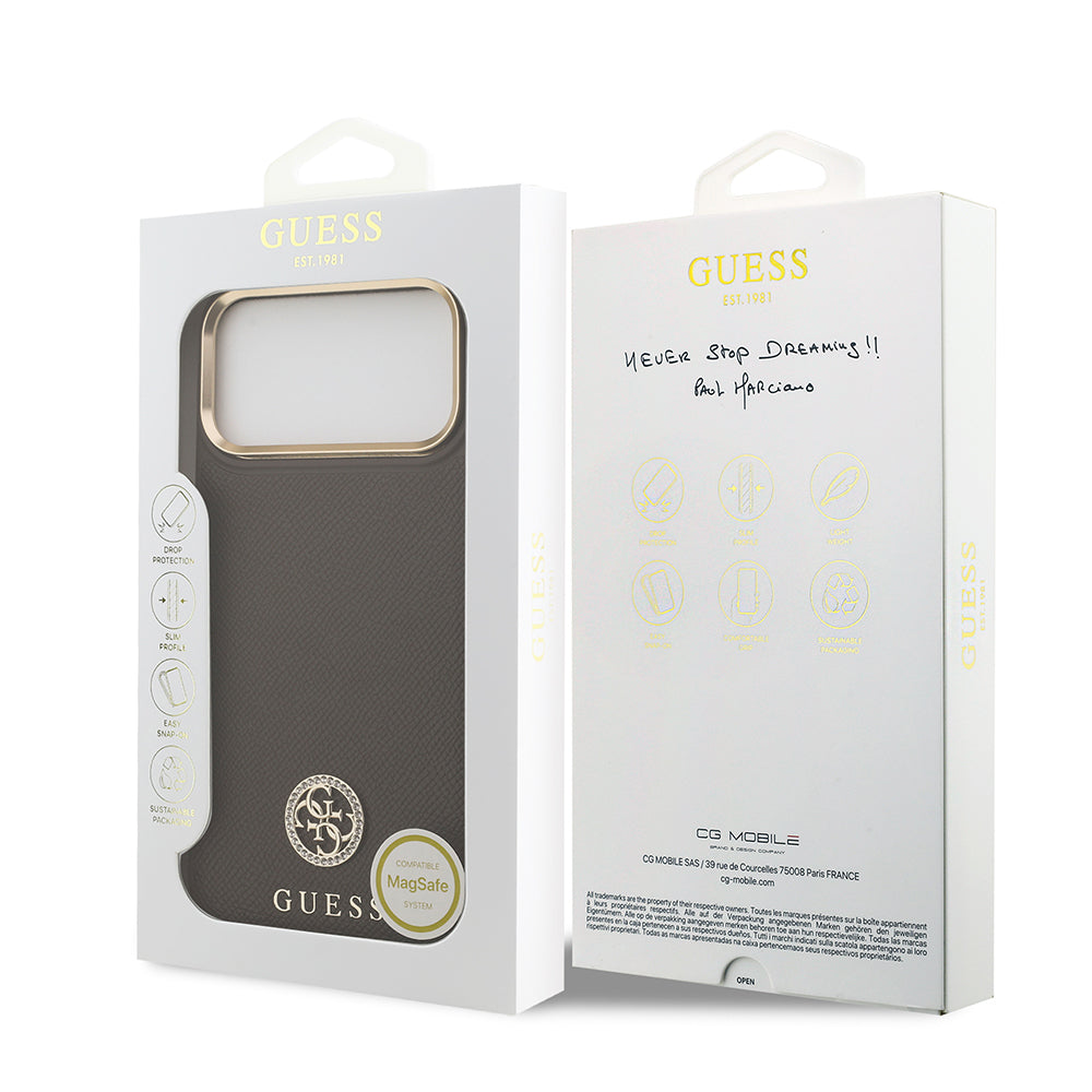 Apple iPhone 17 Pro Max Kılıf Guess Orjinal Lisanslı M-safe Şarj Özellikli Grained Yazı ve Taşlı 4G Logolu Kapak Siyah