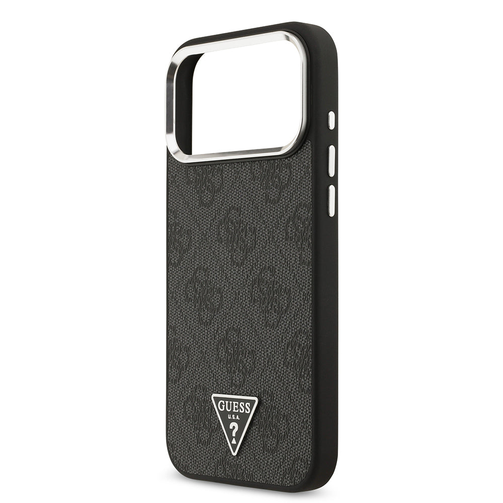 Apple iPhone 17 Pro Max Kılıf Guess Orjinal Lisanslı M-safe Şarj Özellikli Gümüş Metal Kamera Çerçeveli Üçgen Logo 4G Desenli Kapak Siyah