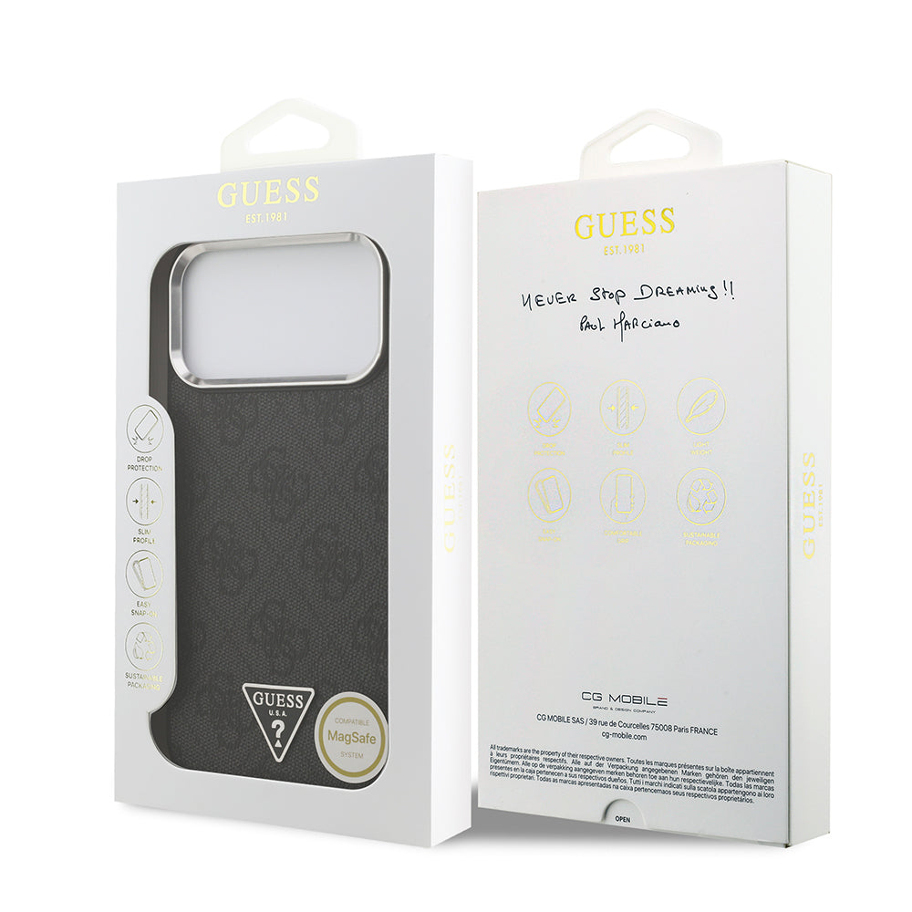 Apple iPhone 17 Pro Max Kılıf Guess Orjinal Lisanslı M-safe Şarj Özellikli Gümüş Metal Kamera Çerçeveli Üçgen Logo 4G Desenli Kapak Kahverengi