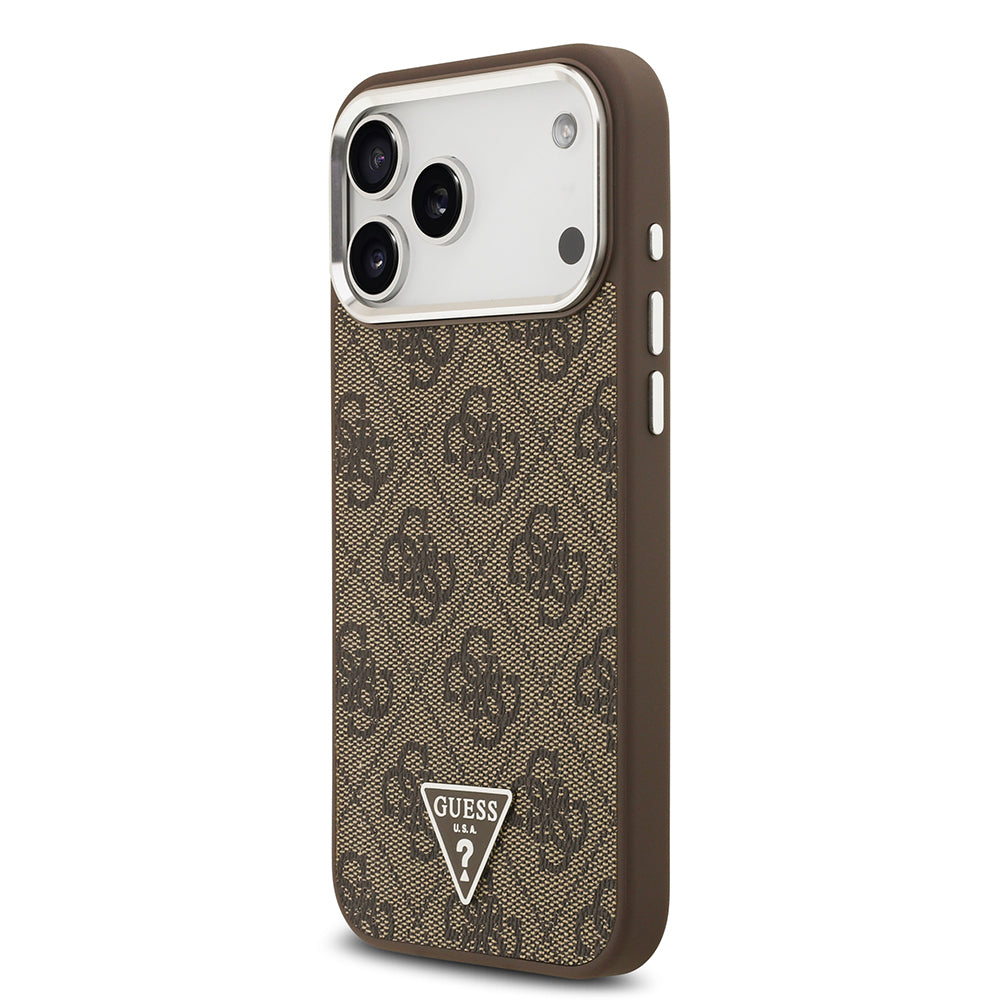 Apple iPhone 17 Pro Max Kılıf Guess Orjinal Lisanslı M-safe Şarj Özellikli Gümüş Metal Kamera Çerçeveli Üçgen Logo 4G Desenli Kapak Kahverengi