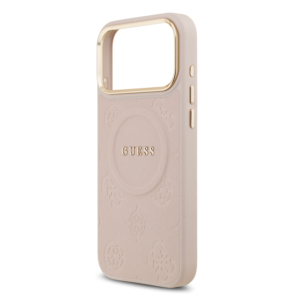 Apple iPhone 17 Pro Max Kılıf Guess Orjinal Lisanslı M-safe Şarj Özellikli Sıcak Baskılı Yazı Logolu PU Deri Peony Kapak Pembe