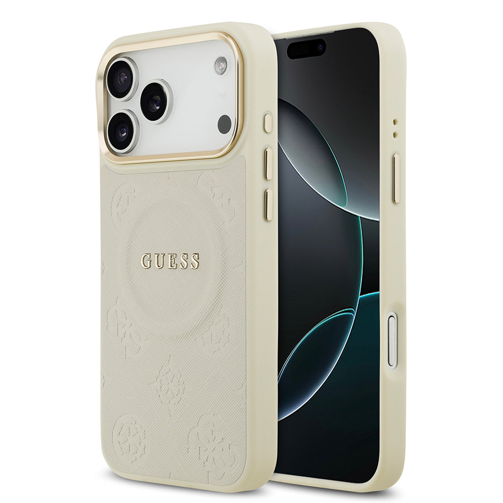 Apple iPhone 17 Pro Max Kılıf Guess Orjinal Lisanslı M-safe Şarj Özellikli Sıcak Baskılı Yazı Logolu PU Deri Peony Kapak Bej