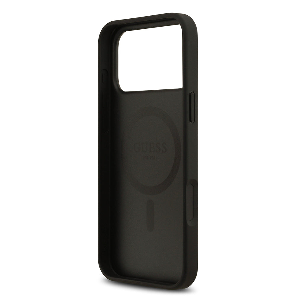 Apple iPhone 17 Pro Max Kılıf Guess Orjinal Lisanslı M-safe Şarj Özellikli Taneli Çiçek Tasarımlı Metal Yazı Logolu Kapak Siyah