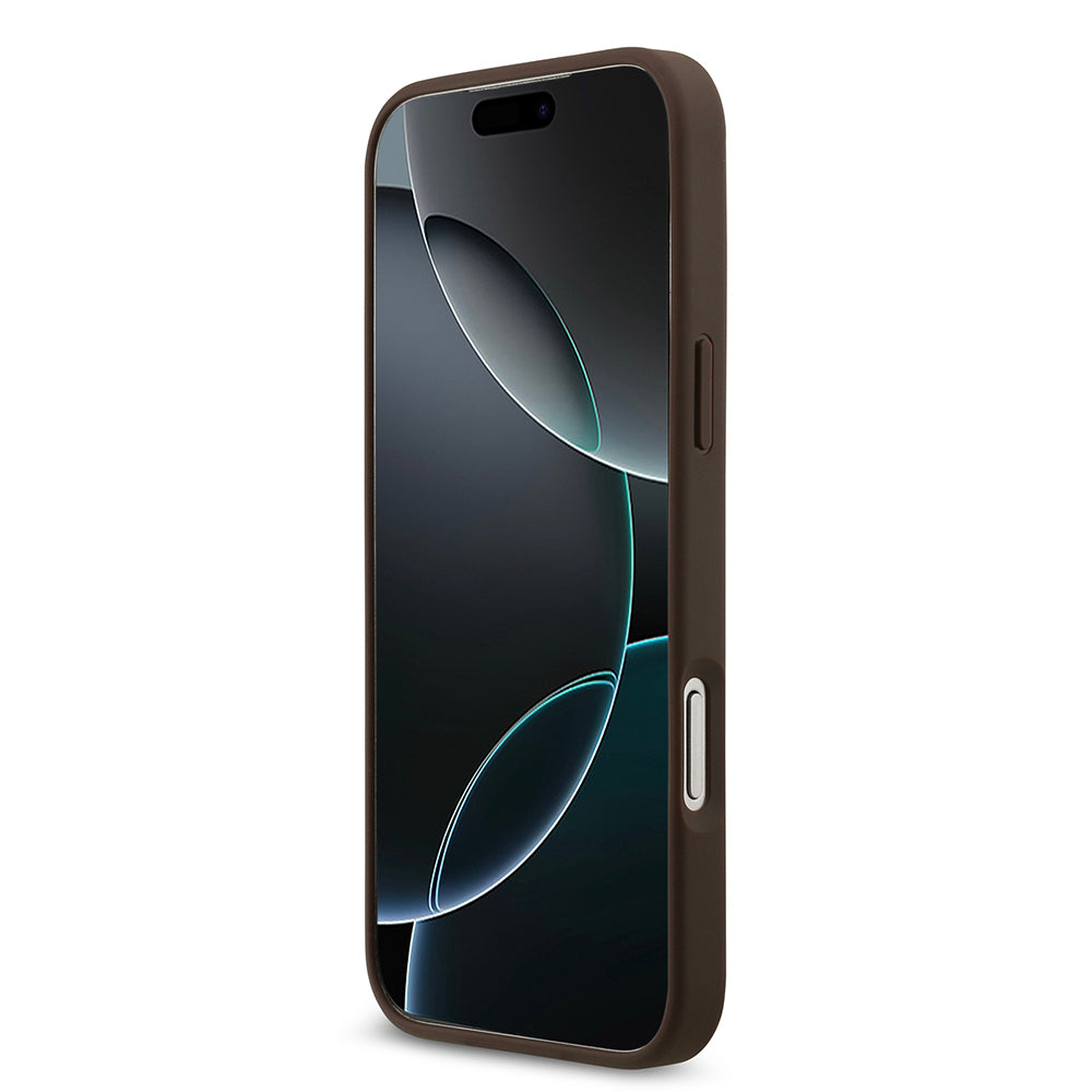 Apple iPhone 17 Pro Max Kılıf Guess Orjinal Lisanslı M-safe Şarj Özellikli Yazı Logolu Circle Classic Kapak Kahverengi