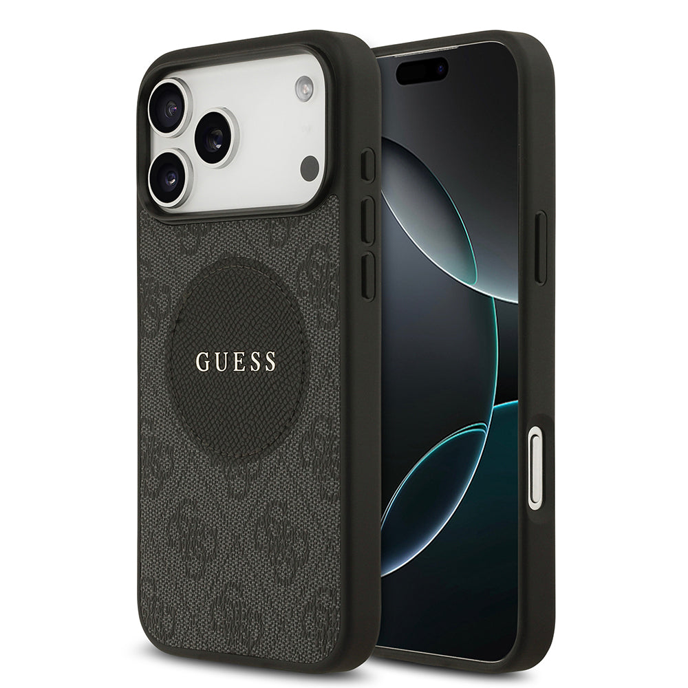 Apple iPhone 17 Pro Max Kılıf Guess Orjinal Lisanslı M-safe Şarj Özellikli Yazı Logolu Circle Classic Kapak Siyah