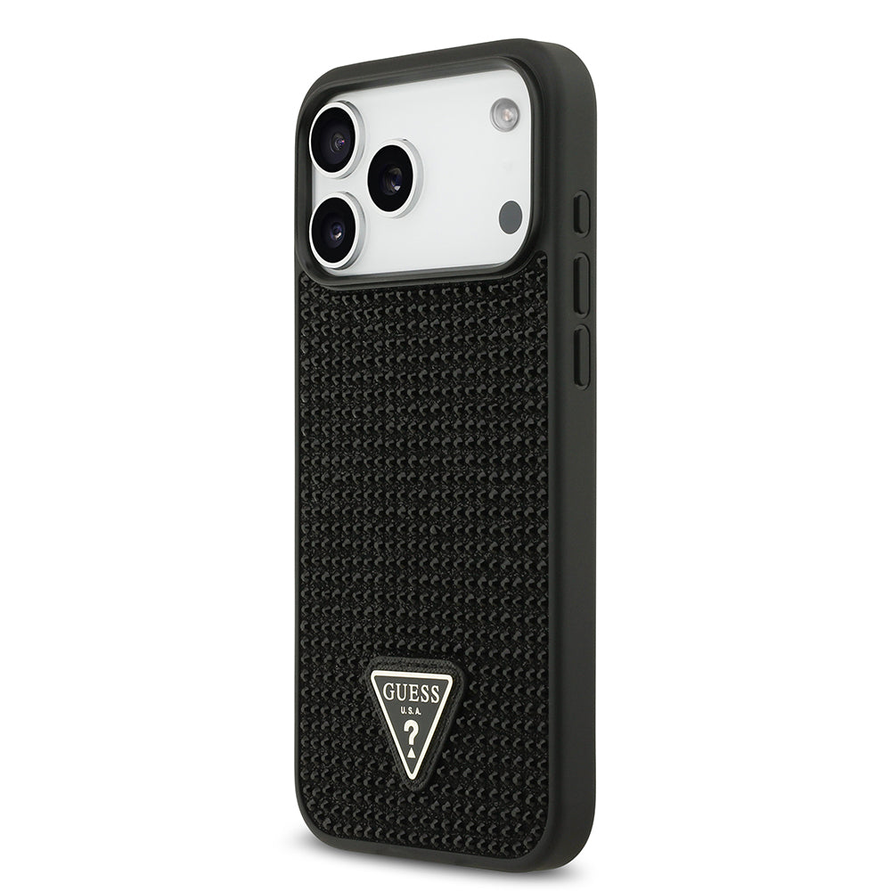 Apple iPhone 17 Pro Max Kılıf Guess Orjinal Lisanslı Taşlı Arka Yüzey Üçgen Logolu Kapak Pembe