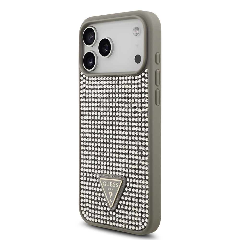 Apple iPhone 17 Pro Max Kılıf Guess Orjinal Lisanslı Taşlı Arka Yüzey Üçgen Logolu Kapak Gümüş