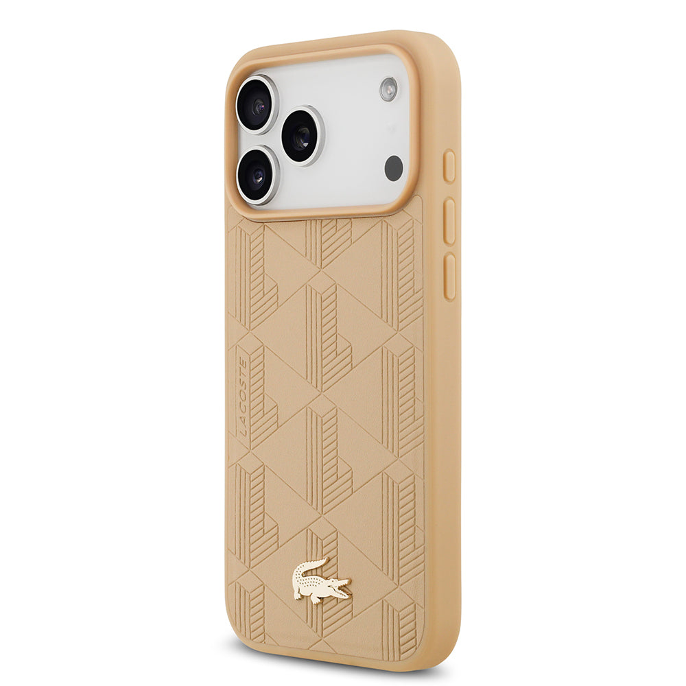 Apple iPhone 17 Pro Max Kılıf Lacoste Orjinal Lisanslı M-safe Şarj Özellikli PU Deri Tasarımlı Karışık Monogram Desenli Kapak Siyah