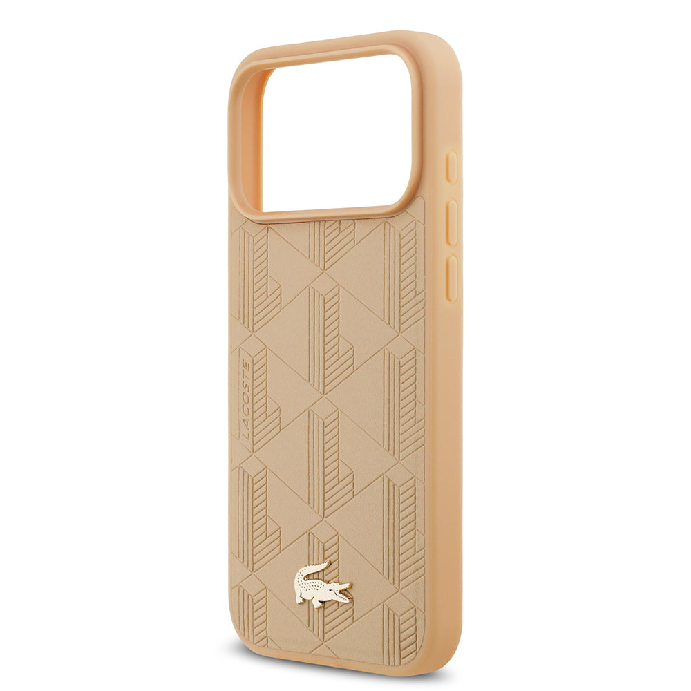 Apple iPhone 17 Pro Max Kılıf Lacoste Orjinal Lisanslı M-safe Şarj Özellikli PU Deri Tasarımlı Karışık Monogram Desenli Kapak Bej