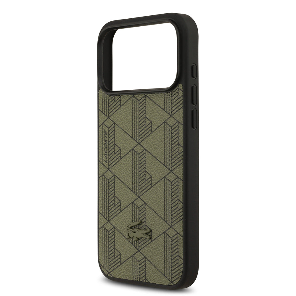 Apple iPhone 17 Pro Max Kılıf Lacoste Orjinal Lisanslı M-safe Şarj Özellikli PU Deri Tasarımlı Kartlıklı Karışık Monogram Desenli Kapak Siyah