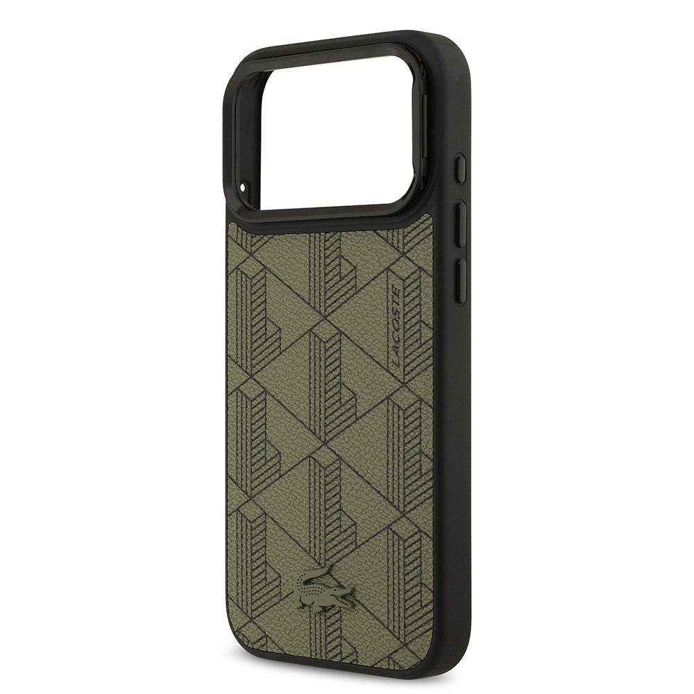 Apple iPhone 17 Pro Max Kılıf Lacoste Orjinal Lisanslı M-safe Şarj Özellikli Standlı PU Deri Karışık Monogram Desenli Kapak Yeşil