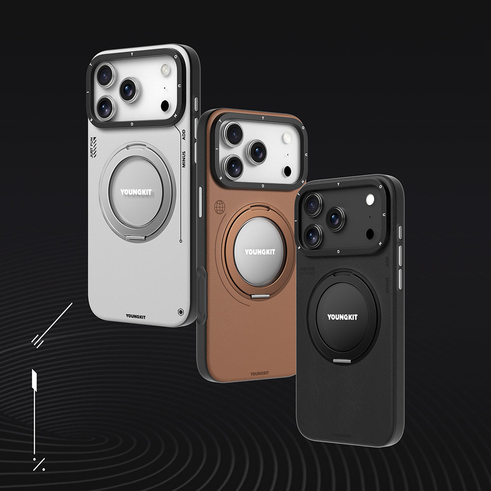 Apple iPhone 17 Pro Max Kılıf M-safe Şarj Özellikli 360 Derece Standlı Basit Mat Deri Desenli Youngkit Tech Leather Serisi Kapak Siyah