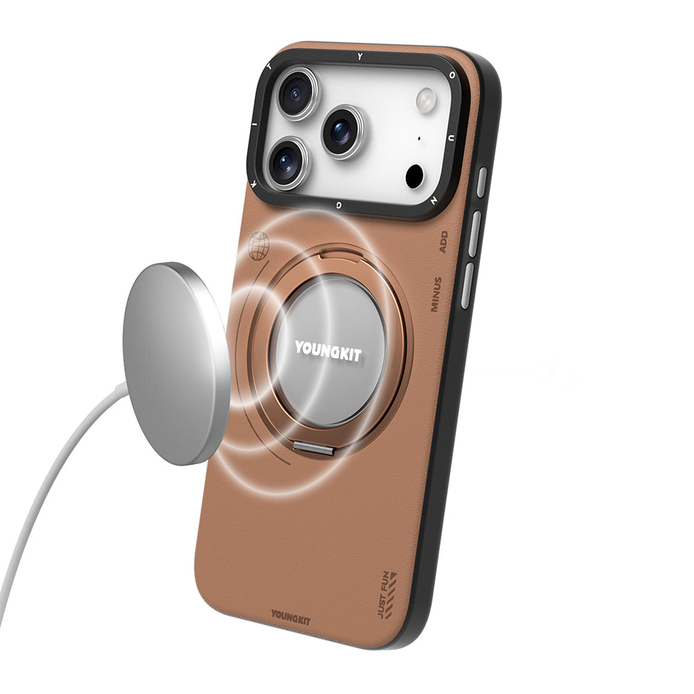 Apple iPhone 17 Pro Max Kılıf M-safe Şarj Özellikli 360 Derece Standlı Basit Mat Deri Desenli Youngkit Tech Leather Serisi Kapak Kahverengi