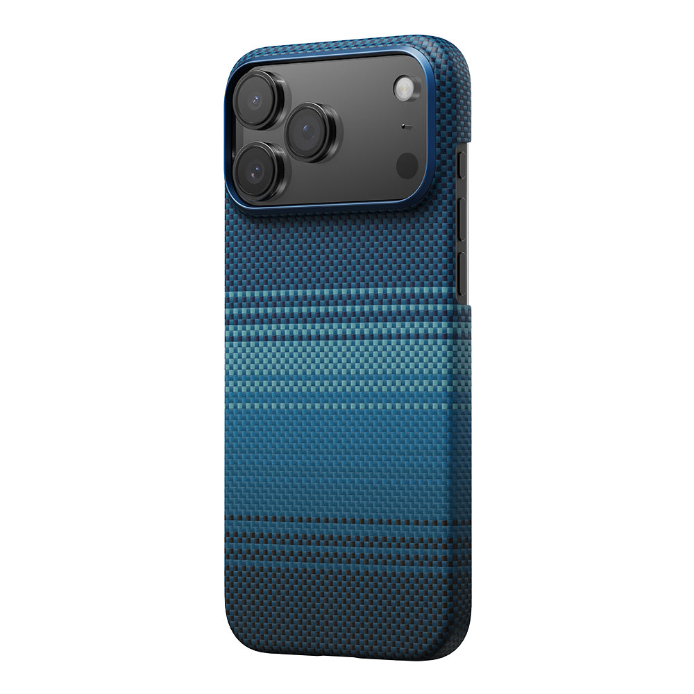 Apple iPhone 17 Pro Max Kılıf M-safe Şarj Özellikli Aramid Fiber Pitaka Tactile Woven Sunset-Moonrise Serisi Kapak Mavi