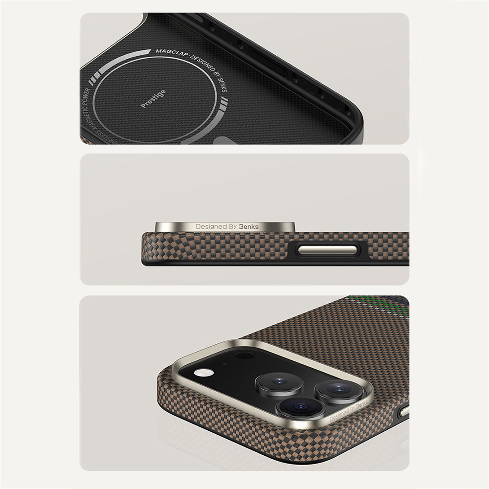 Apple iPhone 17 Pro Max Kılıf M-safe Şarj Özellikli Karbon Fiber Tasarımlı Benks Prestige ArmorPro Kevlar Kapak Gold