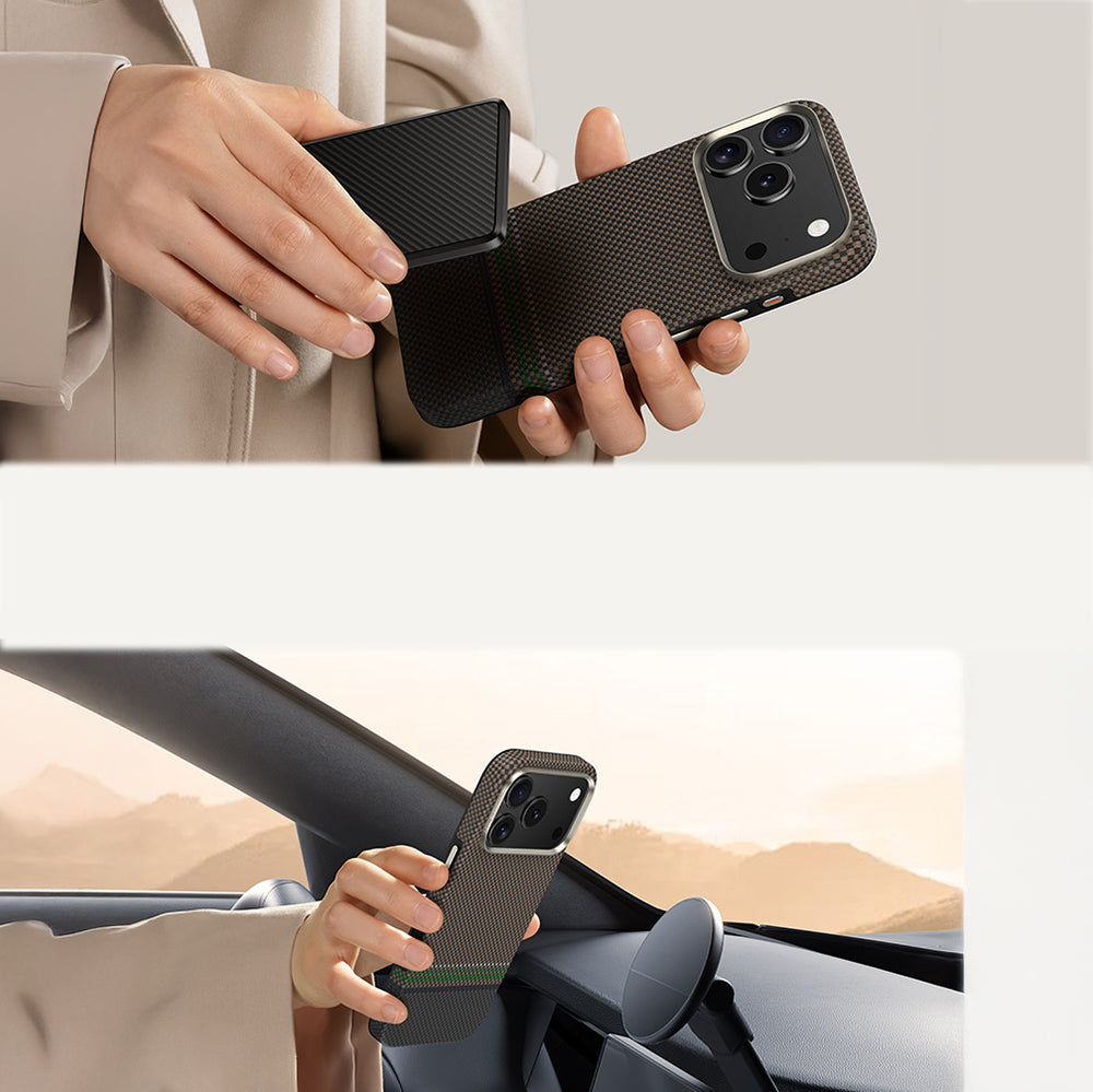 Apple iPhone 17 Pro Max Kılıf M-safe Şarj Özellikli Karbon Fiber Tasarımlı Benks Prestige ArmorPro Kevlar Kapak Gold