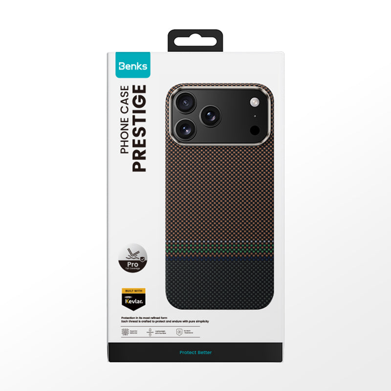 Apple iPhone 17 Pro Max Kılıf M-safe Şarj Özellikli Karbon Fiber Tasarımlı Benks Prestige ArmorPro Kevlar Kapak Gold