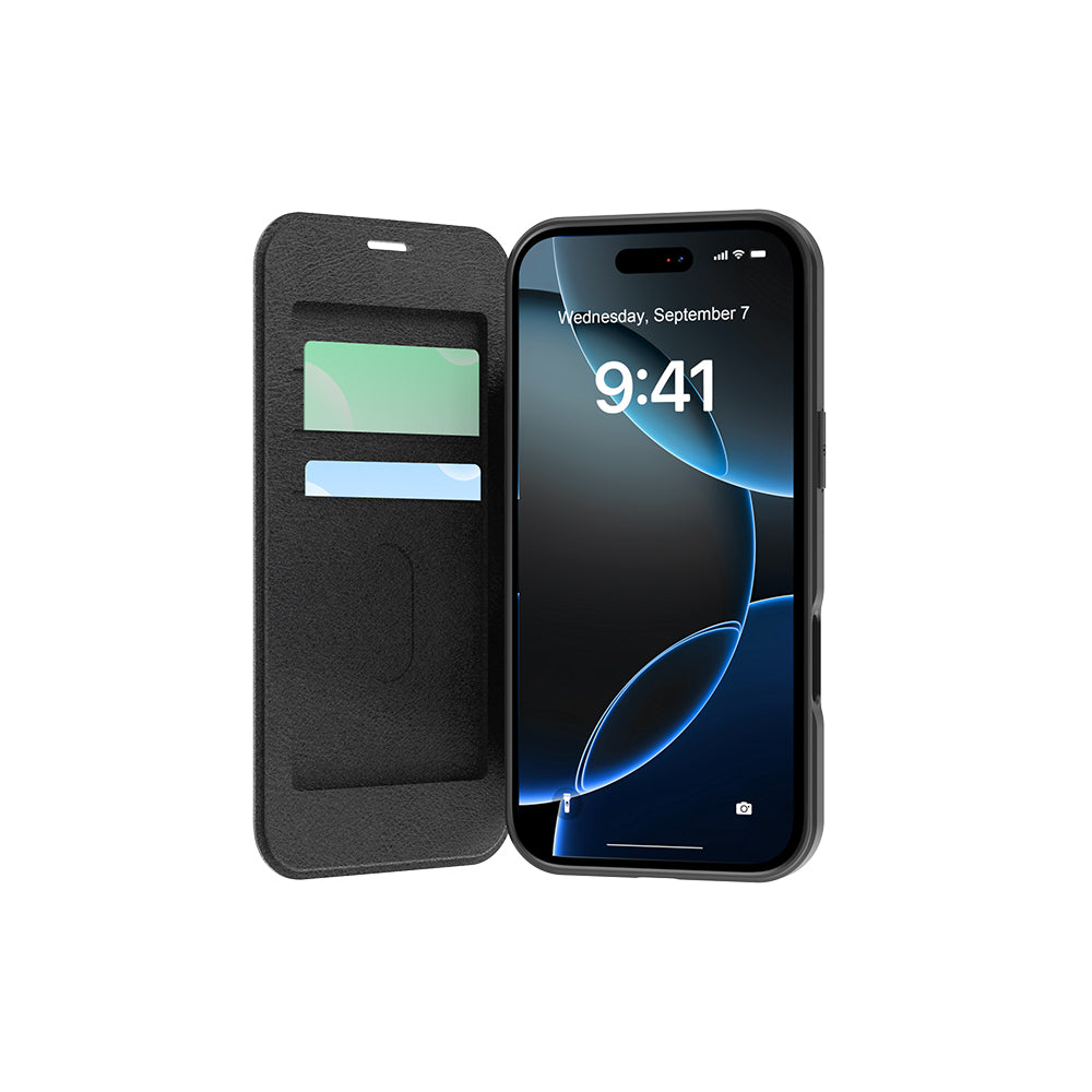 Apple iPhone 17 Pro Max Kılıf M-Safe Şarj Özellikli Raptic Air Folio Şeffaf Kartlıklı Kapaklı Kılıf Siyah