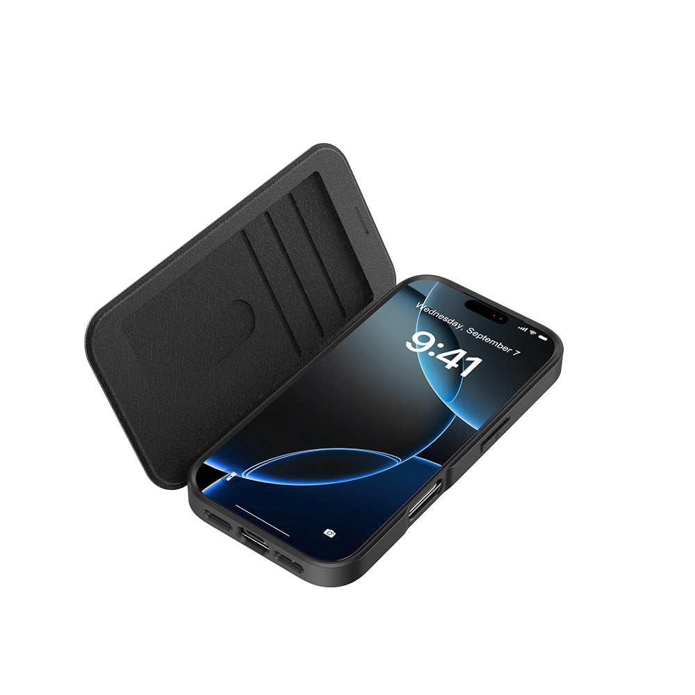 Apple iPhone 17 Pro Max Kılıf M-Safe Şarj Özellikli Raptic Air Folio Şeffaf Kartlıklı Kapaklı Kılıf Siyah