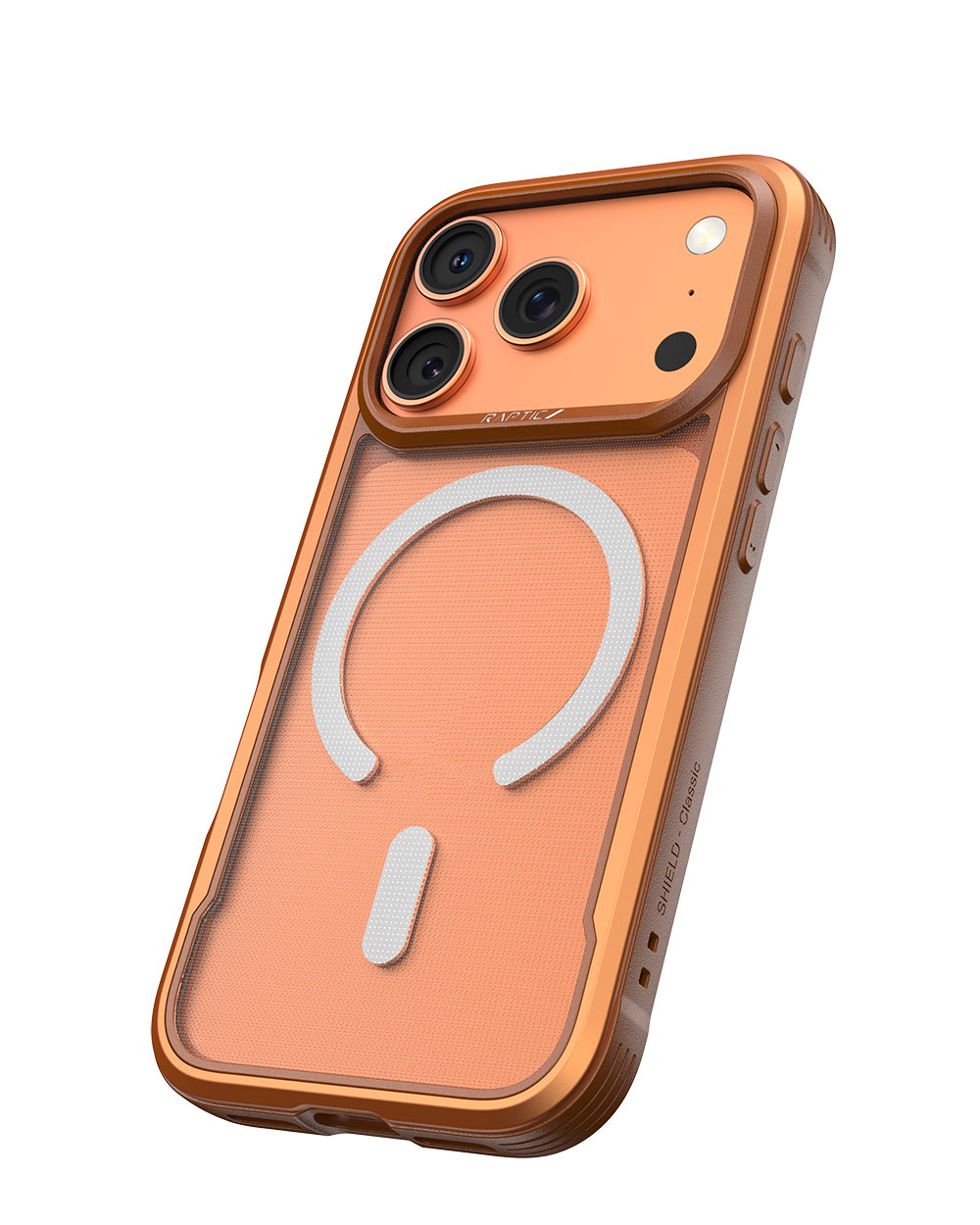 Apple iPhone 17 Pro Max Kılıf M-safe Şarj Özellikli Raptic Shield Classic Serisi Şeffaf Arka Yüzey C-Magnet Kapak Turuncu