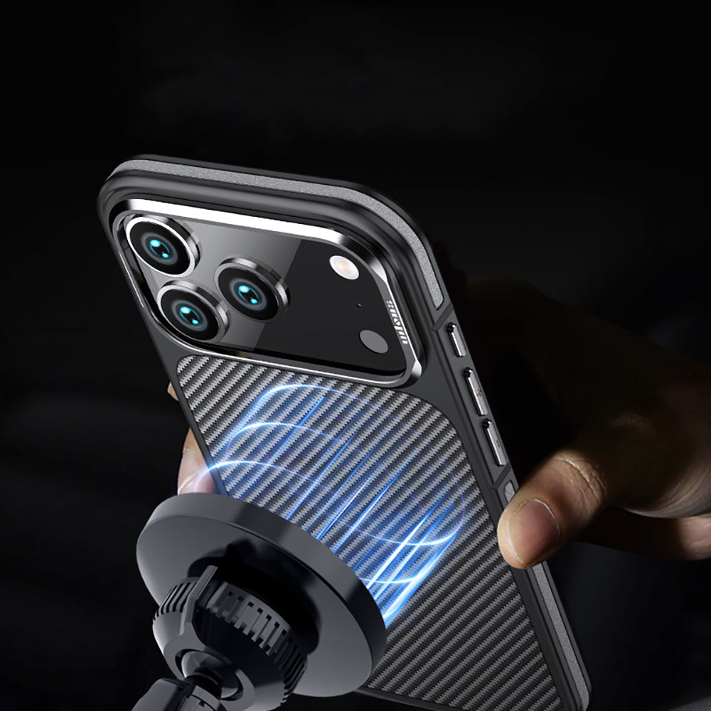 Apple iPhone 17 Pro Max Kılıf Mat Transparan Karbon Fiber Görünümlü Wlons Marin Kapak Siyah