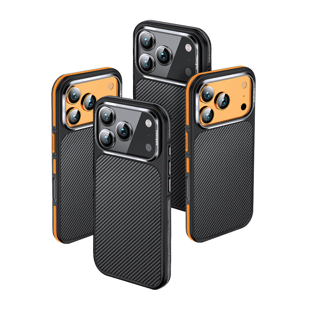 Apple iPhone 17 Pro Max Kılıf Mat Transparan Karbon Fiber Görünümlü Wlons Marin Kapak Turuncu