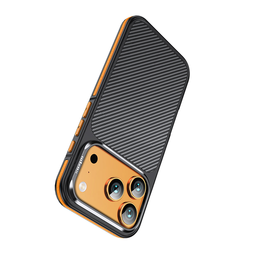 Apple iPhone 17 Pro Max Kılıf Mat Transparan Karbon Fiber Görünümlü Wlons Marin Kapak Turuncu