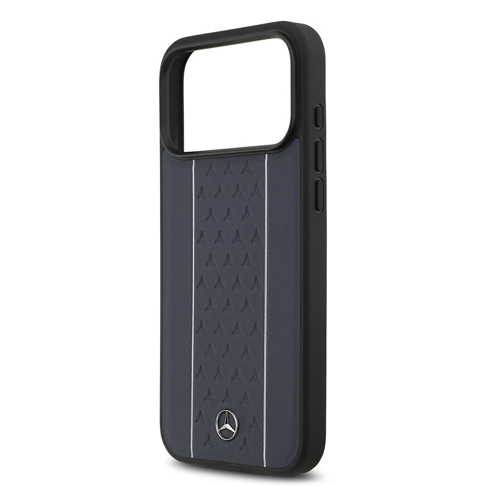 Apple iPhone 17 Pro Max Kılıf Mercedes Benz Orjinal Lisanslı M-safe Şarj Özellikli Şeritli Yıldız Desenli Metal Logolu Deri Kapak Lacivert