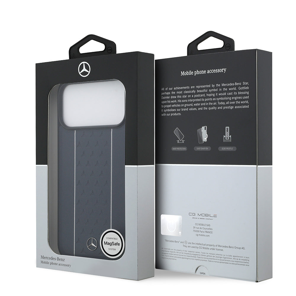 Apple iPhone 17 Pro Max Kılıf Mercedes Benz Orjinal Lisanslı M-safe Şarj Özellikli Şeritli Yıldız Desenli Metal Logolu Deri Kapak Siyah