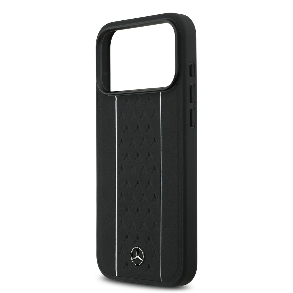 Apple iPhone 17 Pro Max Kılıf Mercedes Benz Orjinal Lisanslı M-safe Şarj Özellikli Şeritli Yıldız Desenli Metal Logolu Deri Kapak Lacivert