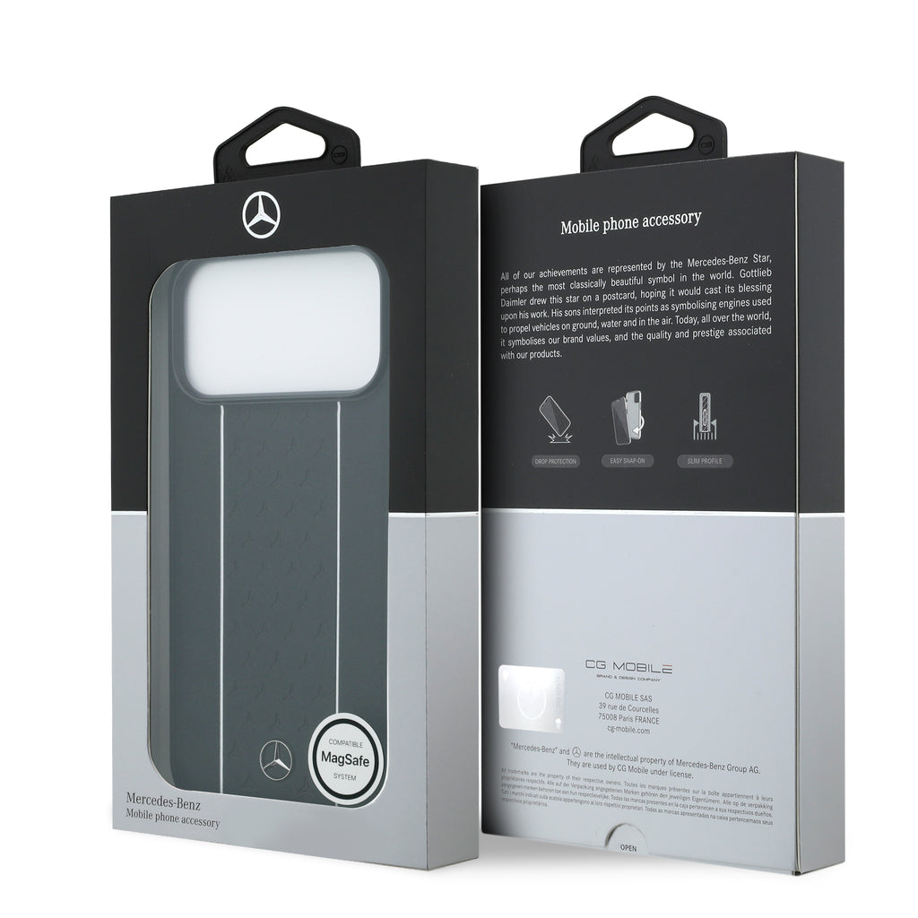 Apple iPhone 17 Pro Max Kılıf Mercedes Benz Orjinal Lisanslı M-safe Şarj Özellikli Şeritli Yıldız Desenli Metal Logolu Deri Kapak Lacivert