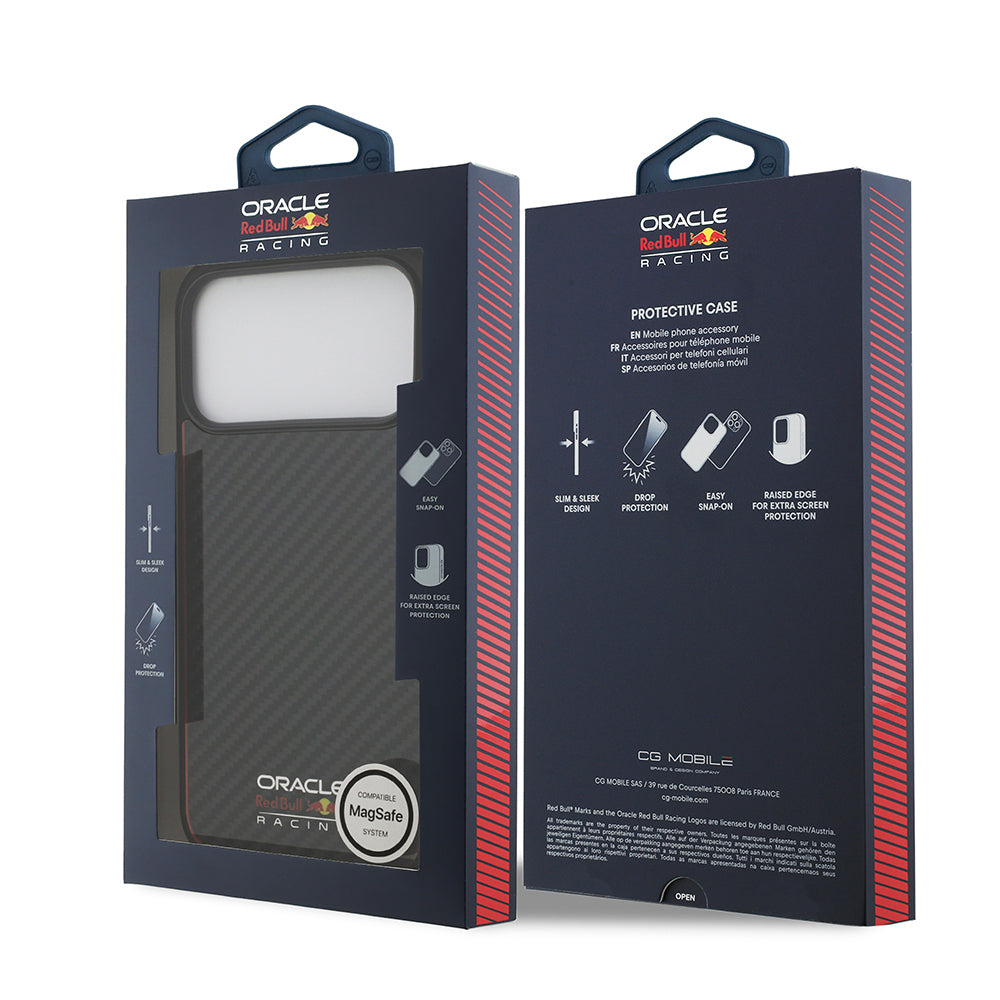 Apple iPhone 17 Pro Max Kılıf Redbull Orjinal Lisanslı M-safe Şarj Özellikli Karbon Fiber Parlayan Logolu Kevlar Kapak Siyah