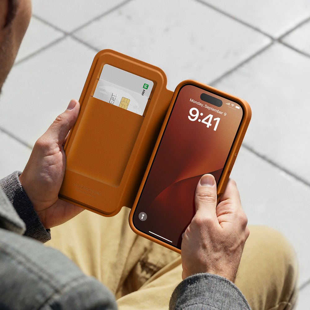 Apple iPhone 17 Pro Max PU Kartlıklı Kapaklı Amazingthing Glamour Foilo Serisi Kılıf Mavi