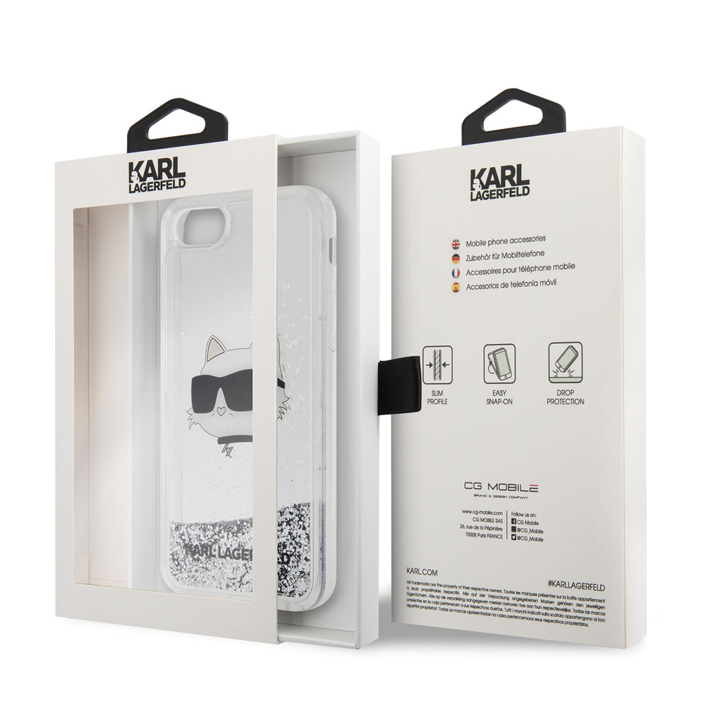 Apple iPhone 8 Kılıf Karl Lagerfeld Sıvılı Simli Choupette Head Dizayn Kapak Gümüş