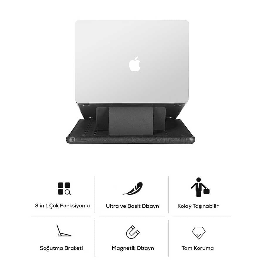 Apple Macbook 14.2' 2021 Wiwu Defender Stand Case Taşınabilir Standlı Magnetik PU Laptop Çantası Siyah