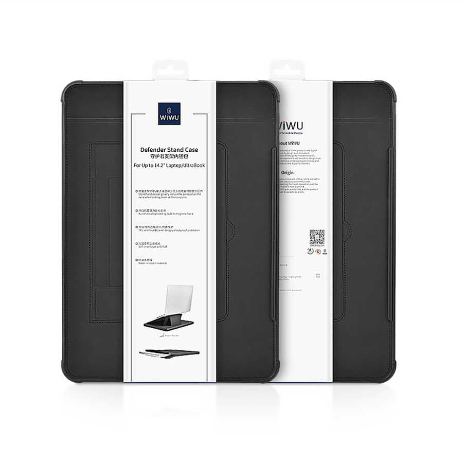 Apple Macbook Pro 14.2 2023 A2779 Wiwu Defender Stand Case Taşınabilir Standlı Magnetik PU Laptop Çantası Siyah
