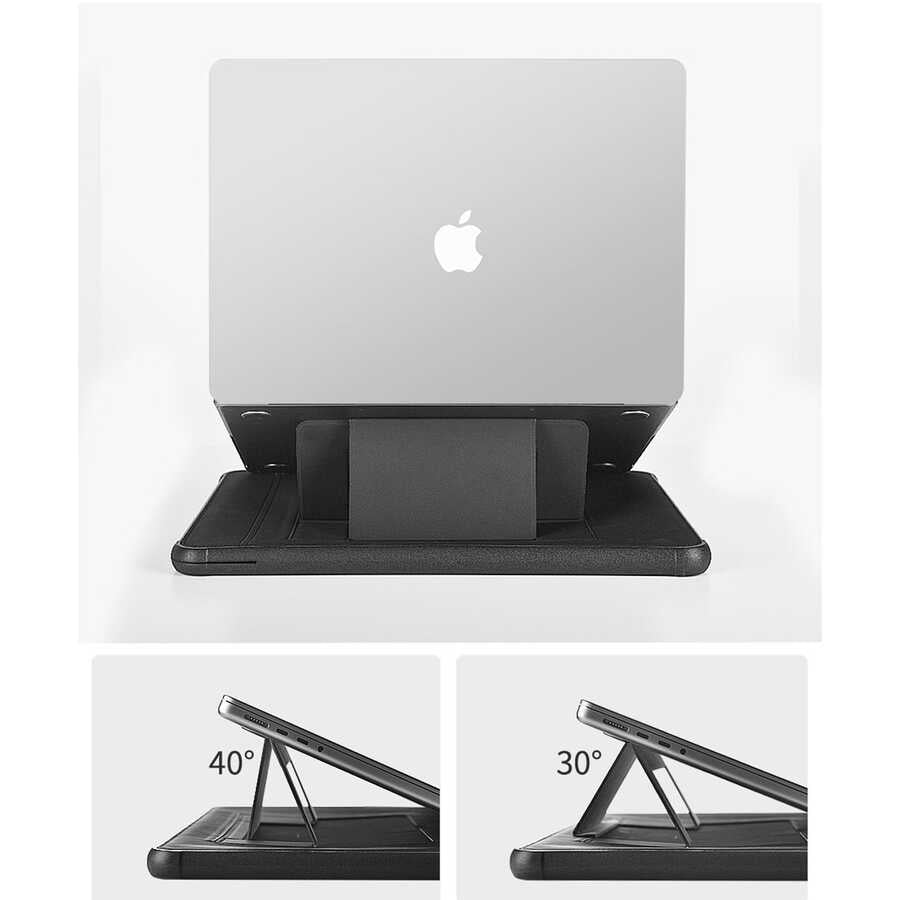 Apple Macbook Pro 16.2 2023 A2780 Wiwu Defender Stand Case Taşınabilir Standlı Magnetik PU Laptop Çantası Siyah
