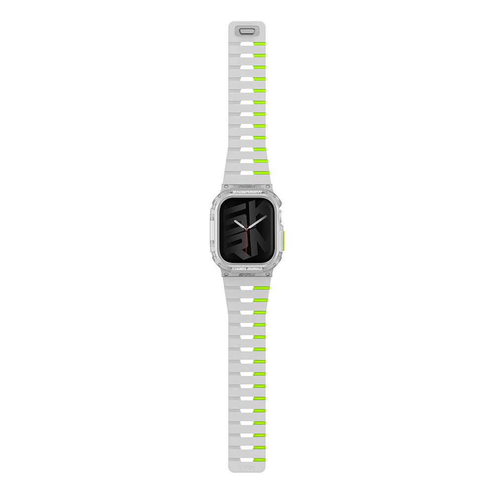 Apple Watch 10 42mm Skinarma Nightglow Atom TPU Kasa Koruyucu + Gemini Silikon Kordon Gri-Yeşil