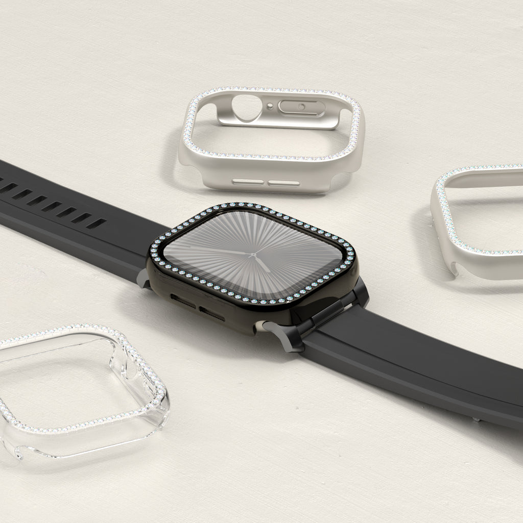 Apple Watch 10 46mm Amazingthing Gleam Fit FullGuard Taşlı Sert PC Kasa ve Ekran Koruyucu Starlight