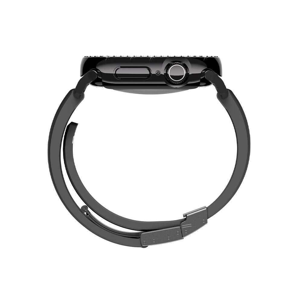 Apple Watch 10 46mm Amazingthing Gleam Fit FullGuard Taşlı Sert PC Kasa ve Ekran Koruyucu Siyah